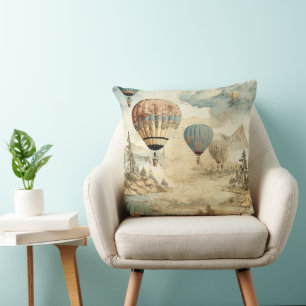 Coussin Paysage de voyage antique ballon bleu rétro