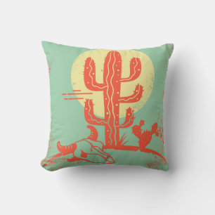 Coussin Paysage désertique avec cactus et crâne de vache. 