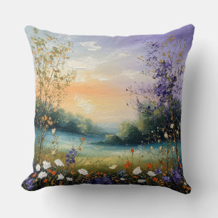 Coussin Paysage d'été avec fleurs sauvages et arbres