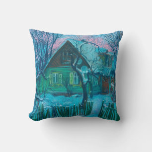 Coussin Paysage d'hiver Ancien gîte Maison Pastel Peinture