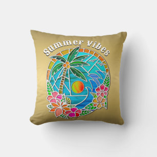 Coussin Paysage estival de palmier océanique aqua et or