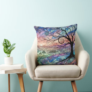 Coussin Paysage Fantastique avec Arbre et Coucher de Solei