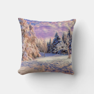 Coussin Paysage hivernal avec l'aquarelle des arbres neigé