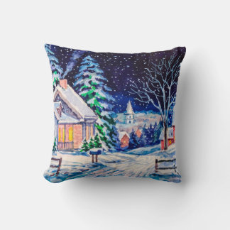 Coussin Paysage hivernal enneigé. Maison de campagne. Noël
