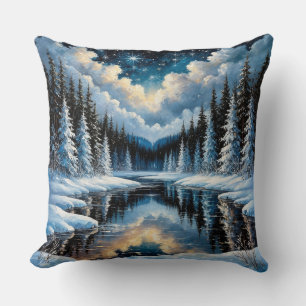 Coussin Paysage hivernal étoilé avec des arbres enneigés