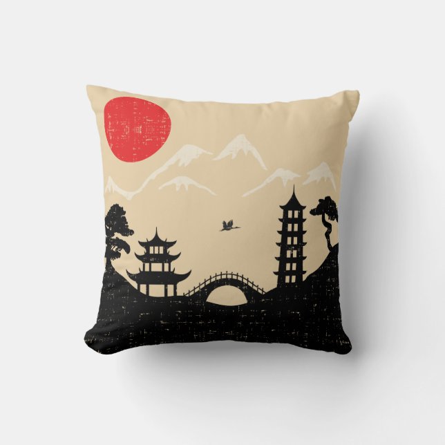 Coussin Paysage japonais - style grunge (Recto)