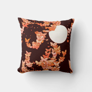 Coussin Paysage lunaire aux papillons - corail, chocolat
