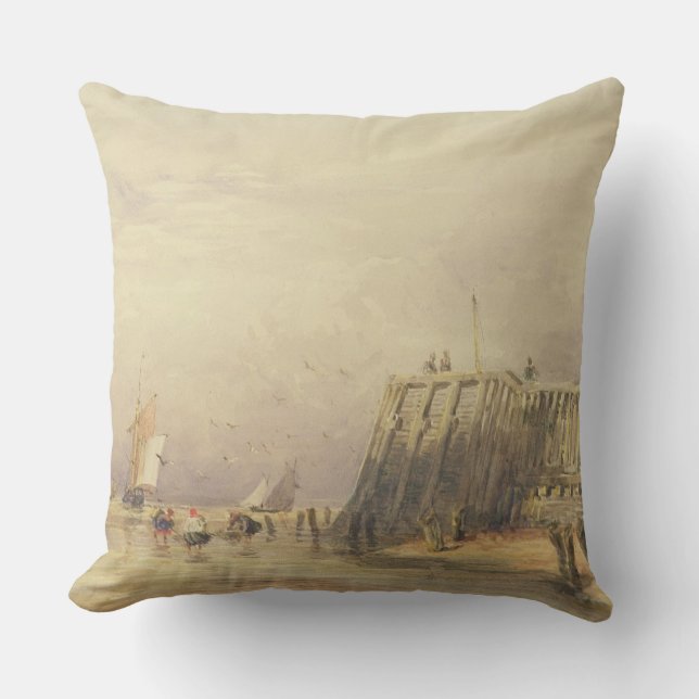 Coussin Paysage marin avec des péniches et des figures (Recto)