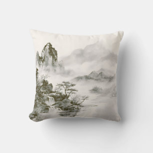 Coussin Paysage minimaliste de montagne zen à l'encre brum