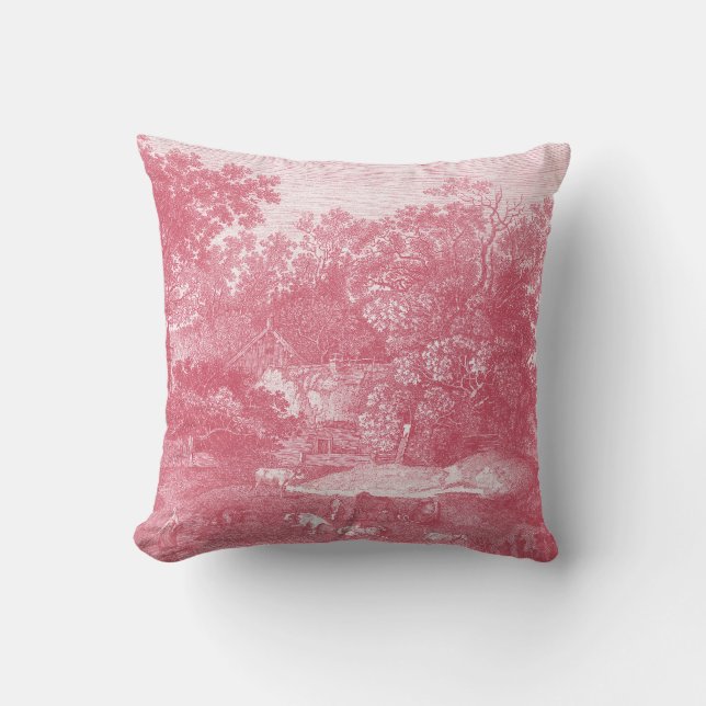 Coussin Paysage pastoral rose de Toile de Jouy Shabby (Recto)