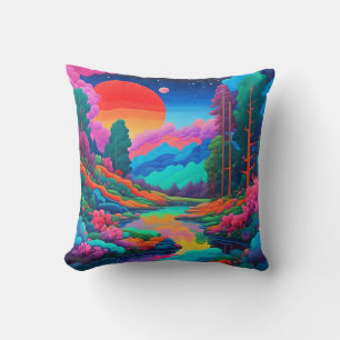 Coussin Paysage psychédélique art rose vert