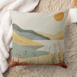 Coussin Paysage Rétro de Lac au Coucher du Soleil Terre Cu