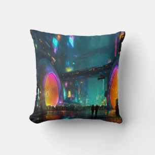 Coussin Paysage urbain cyberpunk vibrant avec des arches
