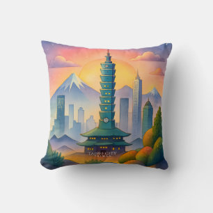 Coussin Paysage urbain de Taipei Taïwan aquarelle