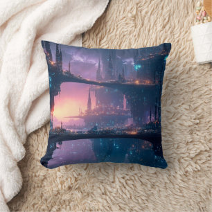 Coussin Paysage urbain futuriste au crépuscule