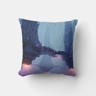Coussin Paysage urbain futuriste avec des structures flott