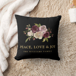 Coussin Peace Love and Joy Winter Bouquet Black Holiday
