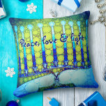 Coussin Peace Love Light Bold Blue Green Hanoukka Menorah<br><div class="desc">"Paix, amour et lumière." Une photo de fond d'une menorah d'art bleu et vert, colorée et lumineuse, vous permet d'inaugurer les vacances d'Hanoukka dans le style. Sentez la chaleur et la joie de la saison des fêtes chaque fois que vous vous relaxez sur cet étonnant et coloré Hanoukka jetez un...</div>