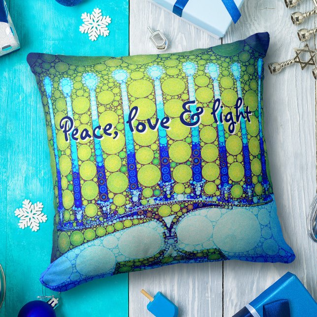 Coussin Peace Love Light Bold Blue Green Hanoukka Menorah (Créateur téléchargé)