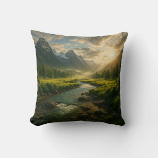 Coussin Peaceful Mountain River Landscape Throw Pillow