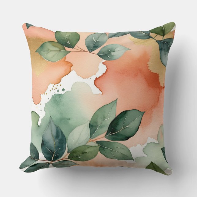 Coussin Peach et Feuilles verts aquarelle (Recto)