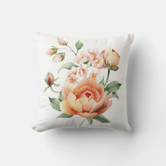 Coussin Peach Floral Watercolor Throw Pillow Cover