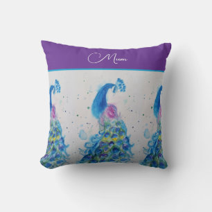 Coussin Peacock Aquarelle Bleu Peinture Fête des mères