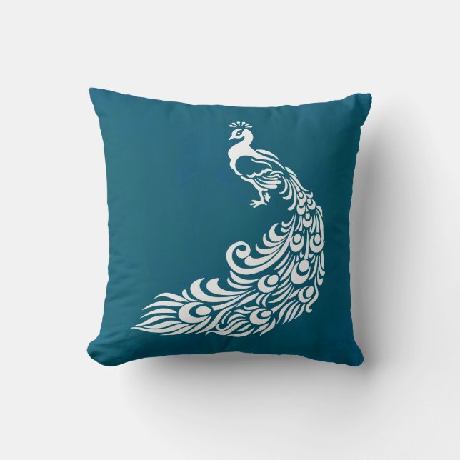 Coussin Peacock blanc sur design Art déco chic Turquoise (Recto)