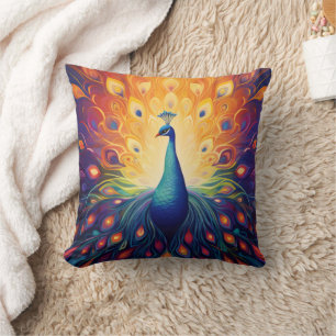Coussin Peacock - Blue Green Rose Orange Jaune Plumes