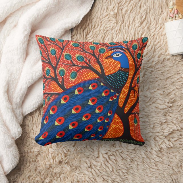 Coussin Peacock d'Art Gond indien | Art de l'Inde (Couverture)