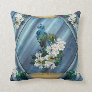 Coussin Peacocks bleu-vert métallique sur soie vert émerau