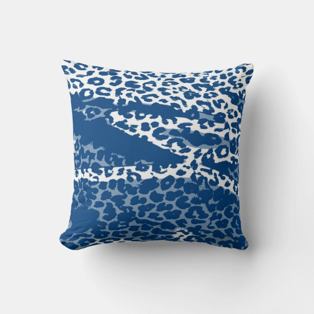 Coussin Peau Empreinte de léopard rétro (bleu et blanc) (Recto)