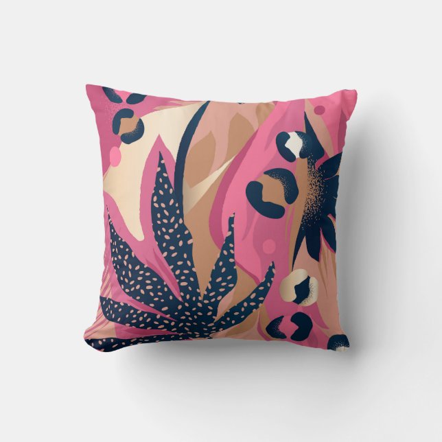 Coussin Peau Léopard Moderne, Flore Exotique. (Recto)