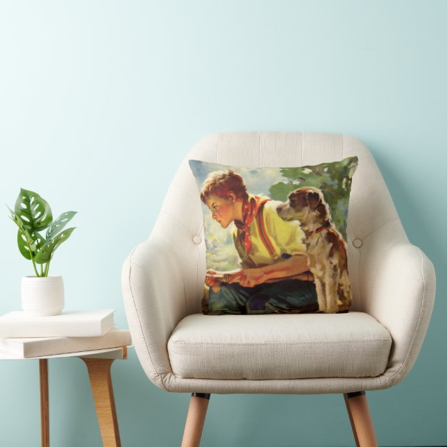 Coussin Pêche à l'ancienne, garçon avec son chiot et des v (Chaise)