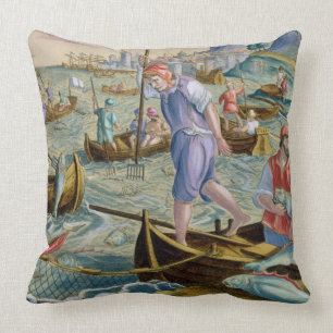 Coussin Pêche avec des filets et des tridents dans la bai
