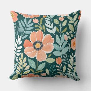 Coussin Pêche, bleu et vert Boho Whimsal Floral