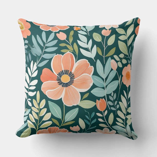 Coussin Pêche, bleu et vert Boho Whimsal Floral (Recto)