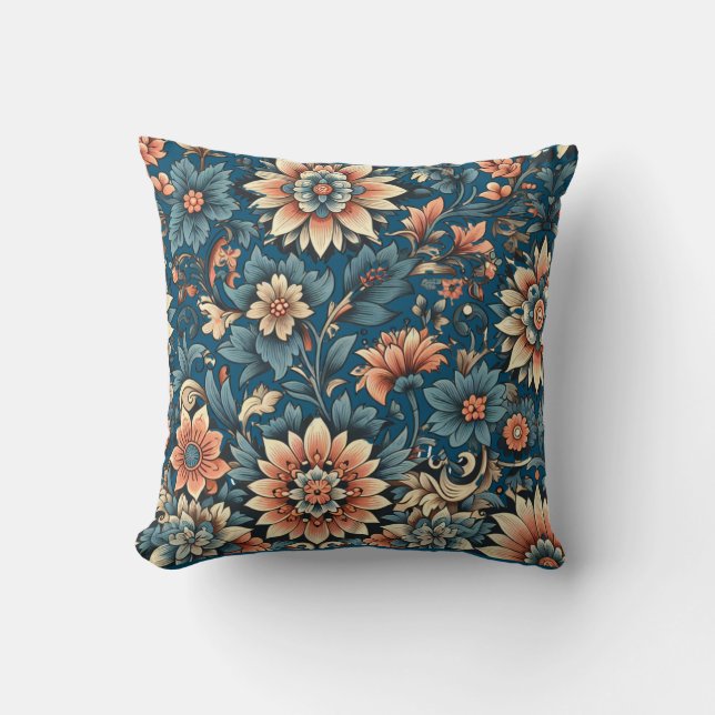 Coussin Pêche d'automne florale et fleur bleue (Recto)