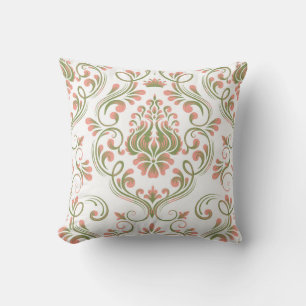 Coussin Pêche et Sage vert Damas motif floral élégant