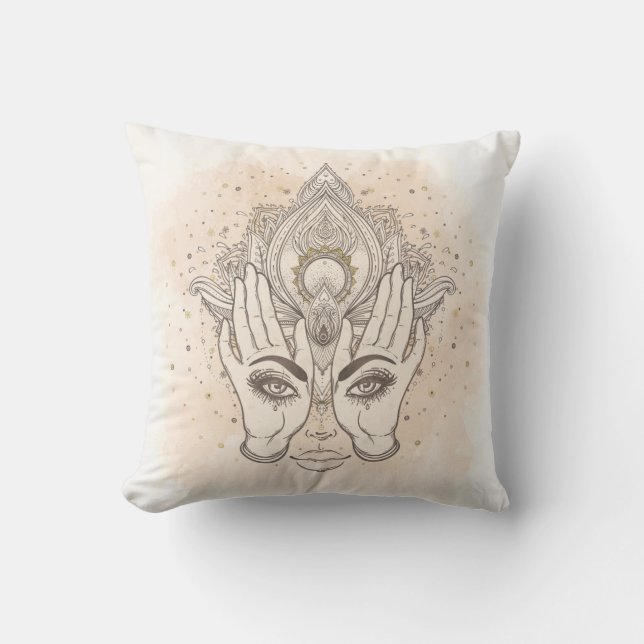 Coussin Pêche & Or Boho Fleur de Lotus Beauté (Recto)