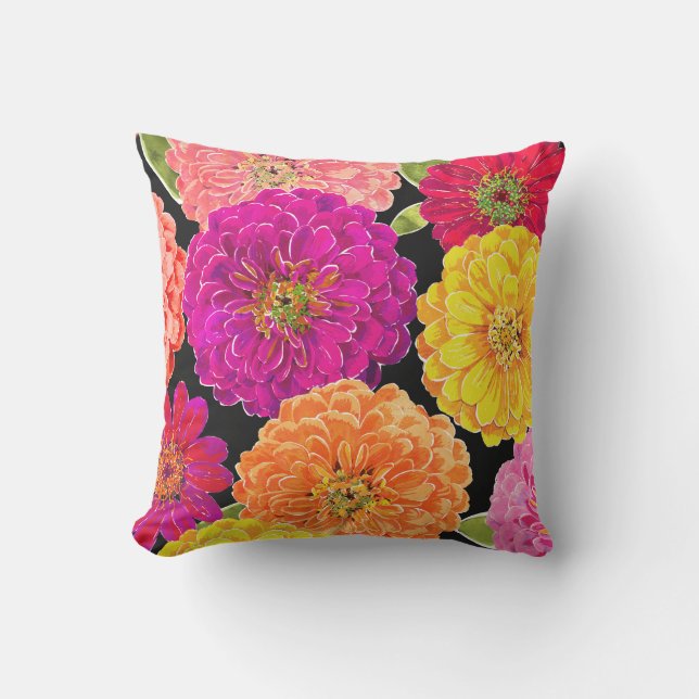 Coussin Pêche pourpre jaune rose florale de Zinnia (Recto)