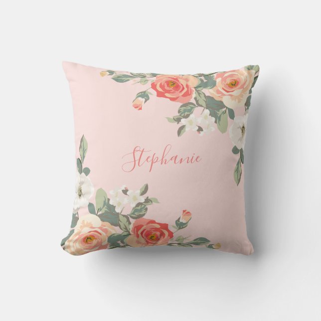 Coussin Pêche Rose Blush rose Floral Personnalisé (Recto)