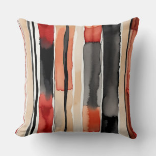 Coussin Pêche rouge blanc et bandes abstraites noires