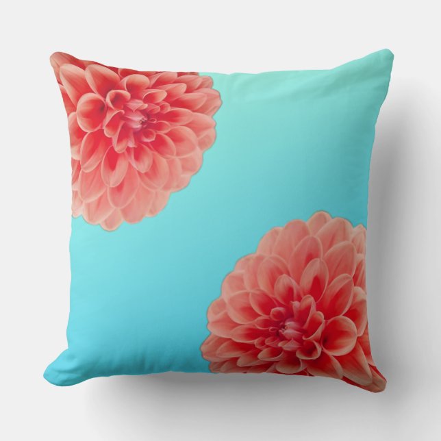 Coussin Pêcher Dahlia & Aqua Blue (Recto)
