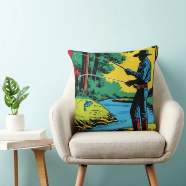Coussin Pêcheur sur la rive (Retro Cowboy Fishing Riverside Scene pillow high quality 100% polyester hidden zipper enclosure.
)