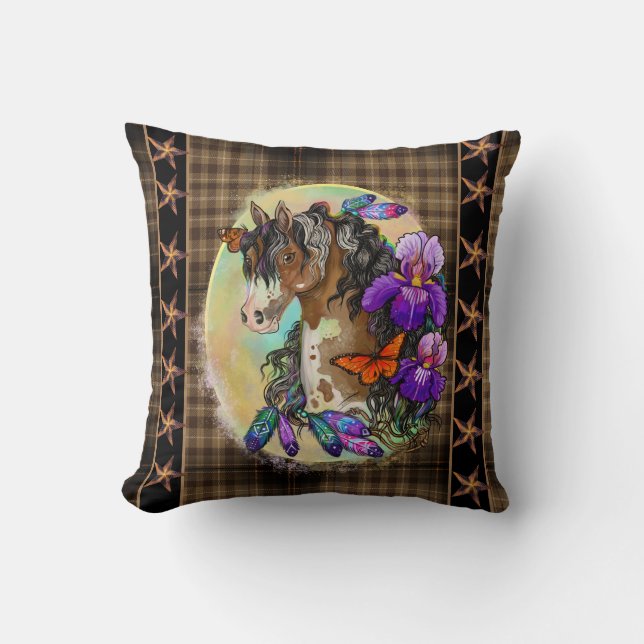 Coussin Peindre Cheval Mustang avec Iris et papillons (Recto)