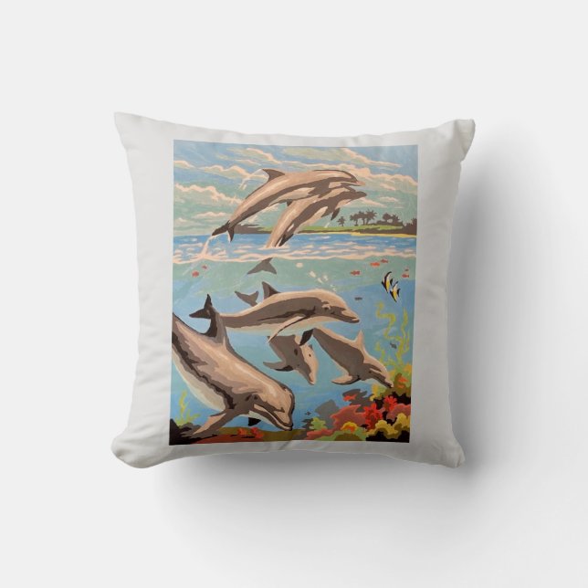 Coussin Peint à la main sur numéros | Dauphins joueurs | (Recto)