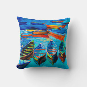 Coussin  peinture à l'huile de bateaux et mer sur toile. C
