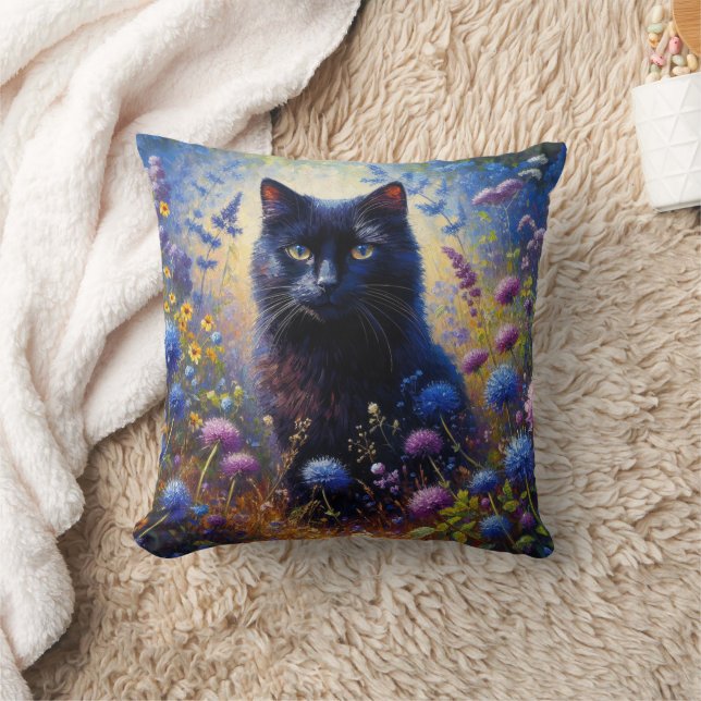 Coussin Peinture à l'huile de chat noir et de Fleurs sauva (Couverture)