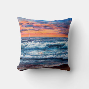 Coussin peinture à l'huile d'Océan et plage sur toile. g